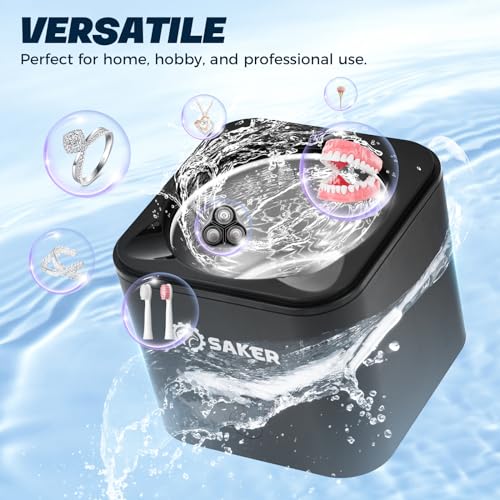 Saker Ultrasonic Cleaner for Dentures and Retainer 45Khz 180ML Portable Ultrasonic Jewelry Cleaner for Ring, Aligner, Mouth Guard, Toothbrush Head Home and Travel Black
