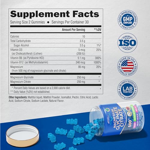 Magnesium Gummies Glycinate & Citrate 500 mg - for Adults & Kids - Vitamin B6 | Vitamin B12 | Vitamin D3 - Sleep, Muscle & Heart Health Support - GMO & Sugar Free - Berry Flavor - Vegan, 60 Gummies