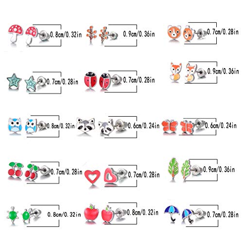 30 Pairs Stainless Steel Mixed Color Cute Animals Fox Heart Star Ladybug Bee Frog Mushroom Tree Daisy Umbrella Rose Gold White Pearl CZ Jewelry Stud Earrings Set (animal tree pearl)