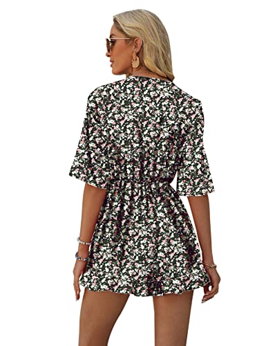 AIMCOO Women's Half Sleeve Tie Knot Front Romper Floral Print Deep V Neck Sexy Jumpsuit High Elastic Waist Ruffle Hem Rompers