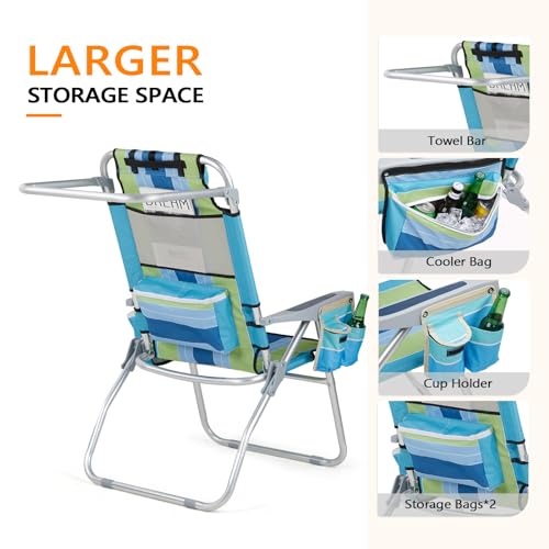 VINGLI Backpack Beach Chair 2 Pack, with 5-Position, Cup Holders, Cooler Bag, Towel Bar, Lightweight Folding Beach Camping Chairs for Adults(Blue-13)