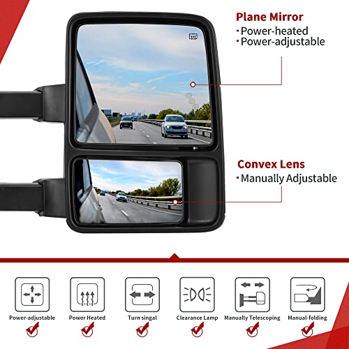 YITAMOTOR Towing Mirrors compatible for 2008-2016 Ford F250 F350 F450 F550 Super Duty Tow Mirrors Power Heated with Amber Turn Signal Light Side Mirrors