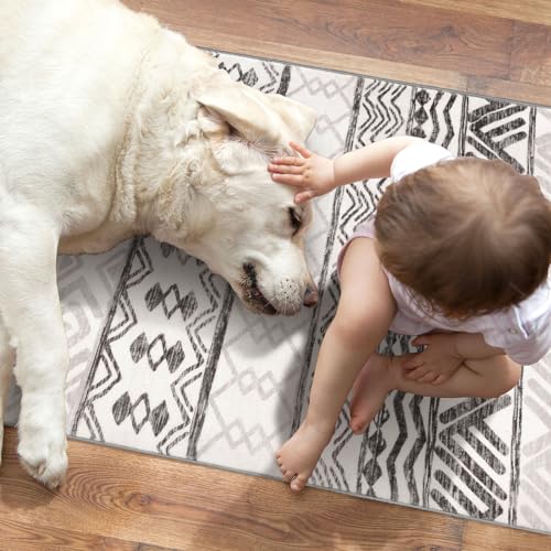 Lansny 8x10 Area Rugs for Living Room, Ivory Navy Blue Moroccan Washable Large Area Rug, Boho Non-Slip Foldable Rugs Distressed Print Faux Wool Indoor Rugs for Bedroom Office Dining Room