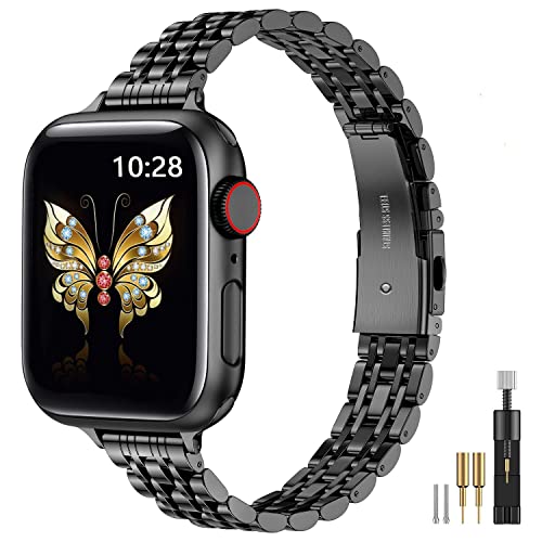 MioHHR Slim Metal Band Compatible with Apple Watch Band 42mm(Series 10) 41mm 40mm 38mm,Dressy Stainless Steel Chain Strap for Women iWatch Bands Series 9 8 7 6 5 4 3 2 1 SE,Black
