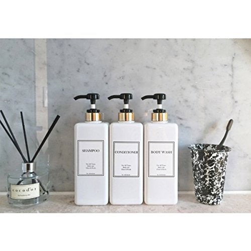 HARRA HOME Modern Gold Design Pump Bottle Set 27 oz Refillable Shampoo and Conditioner Dispenser Empty Shower Plastic Bottles with Pump for Bathroom Lotion Body wash Massage Oils, Pack of 3 (Black)