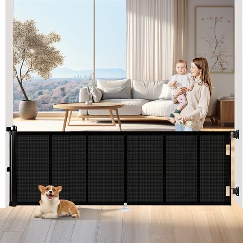 Miumoon Upgrade 200 inch Retractable Baby Gates Extra Wide with Reinforced Strip Design to Prevent Crawling Through, 200" Retractable Dog Gate, 48" Tall, Retractable Gate for Indoor/Outdoor(Gray)