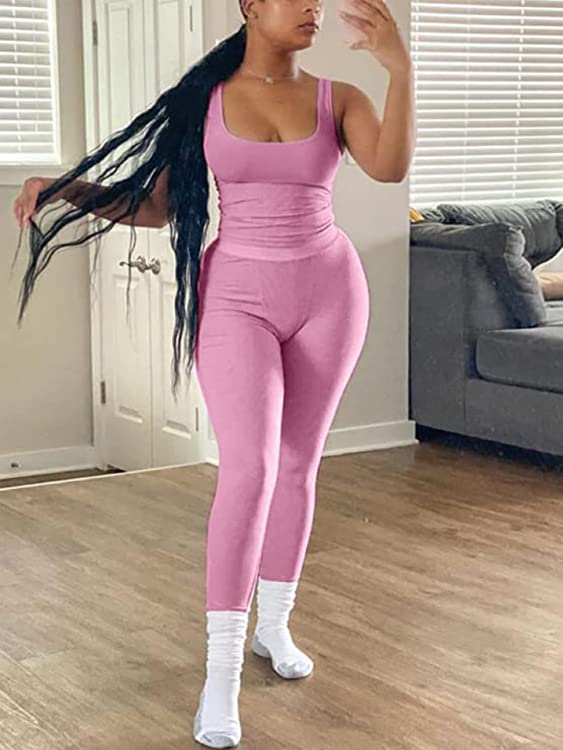 ZFLM Casual Workout Sets Two Piece Outfits for Women Ribbed Crop Tank Top High Waist Yoga Leggings Active Wear