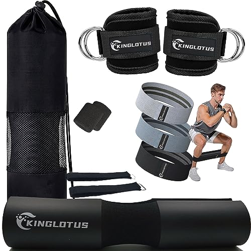 Kinglotus Barbell Squat Pad Set :1 Barbell Pad, 3 Hip Resistance Bands 3 Resistance Levels, 2 Fitness Ankle Straps, Fits Standard Olympic Bars and Smith Machine,