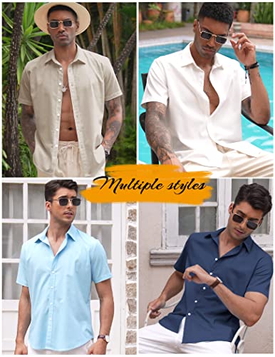 COOFANDY Men's Hawaiian Linen Casual Striped Short Sleeve Shirts Button Down Summer Beach Tropical Shirt Untucked Button Up Shirts