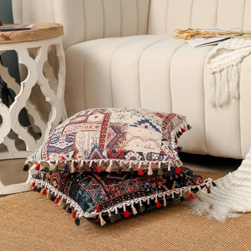 AGOKABA Decorative Boho Throw Pillow Covers 18x18 Inch for Living Room Couch Bed Sofa,Throw Pillow Cover with Tassel Colorful Bohemian Tufted Pillowcase for Sofa Home Decor,Pack of 1(Beige)