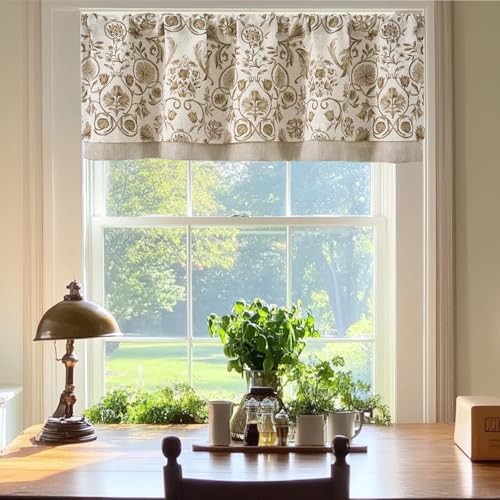 jinchan Linen Valance Double Layer Kitchen Window Curtain Yellow Leaf on Beige Valance for Living Room Cafe Farmhouse Room Darkening Rustic French Country Curtain 18 Inch Rod Pocket 1 Panel