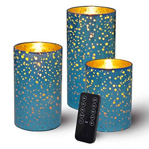 LIVILLA Silver Glass Flameless Candles with Remote & Timer, Led Flameless Candles, Battery Operated Flameless Pillar Glass Candles