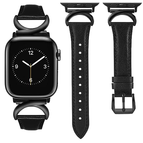 Minyee Leather Band Compatible with Apple Watch Bands 41mm 40mm 38mm 44mm 45mm 42mm 49mm Women, Slim Thin Dressy Designer Strap with C-Shape Metal Buckle for iWatch Ultra 2, Series