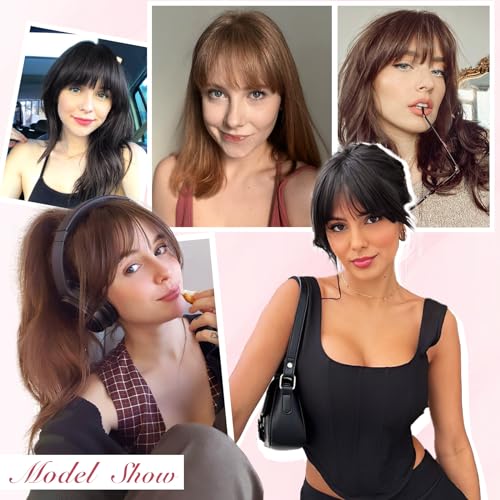 QGZ Clip in Bangs Hair Clip 100% Real Human Hair Clip on Bangs for Women 3 Secure Clip in Hair Extension Natural Full Coverage Thick French Fake Bangs (Black)