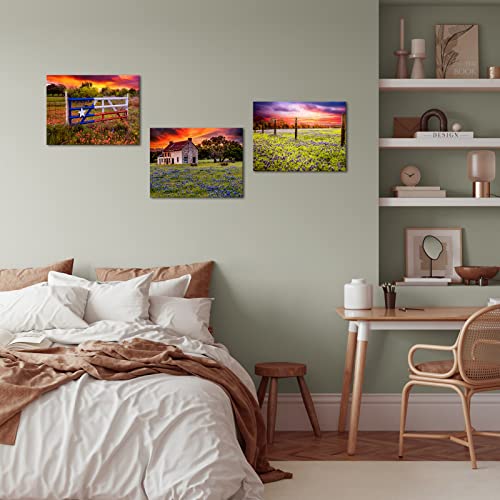 OuElegent Texas Farm Canvas Wall Art Bluebonnet Field Prints Farmhouse Landscape Painting Pictures for Living Room Kitchen Bedroom Office Home Decor Ready to Hang 3 Panels (small)