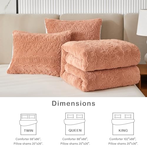 Luxury Flannel Fleece Sherpa Comforter Set Full/Queen Size, Jacquard Boho Stripes Down Alternative Comforter Coral, 3 Pieces Ultra Soft and Warm Bedding Set for Winter (1 Comforter + 2 Pillowcases)