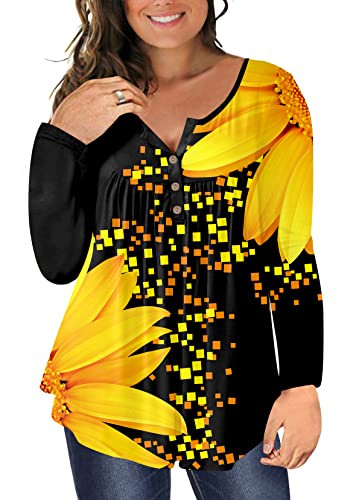 Girdtyd Womens Plus Size Tunic Tops Casual Floral Long Sleeve Henley Neck Ruffle Blouses Spring/Autumn Fashion T Shirts 2XL