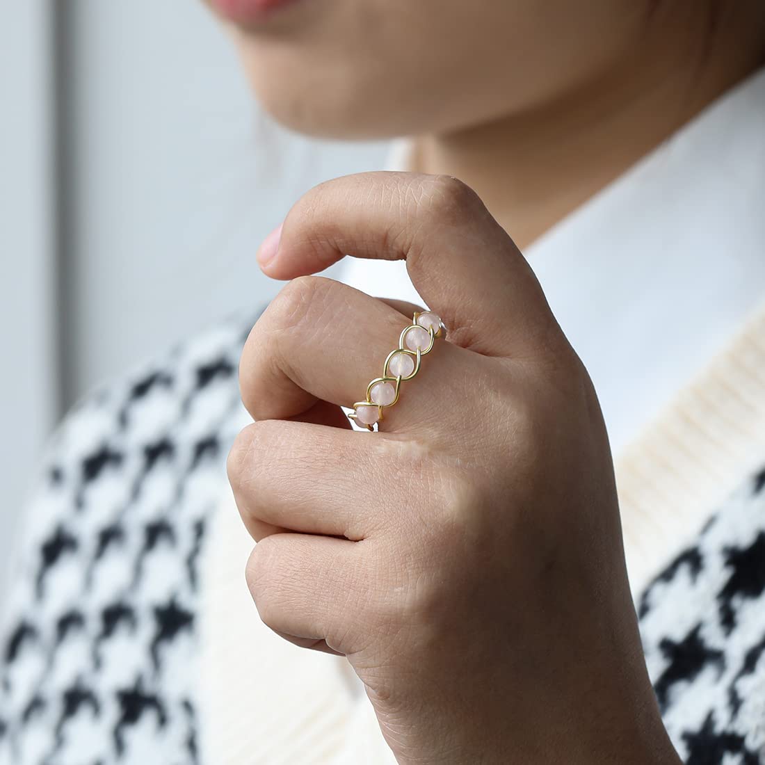 Tsnamer Rose Quartz Crystal Ring, Handmade Wire Wrapped Beaded Braided Rose Quartz Ring, Stone, rose quartz