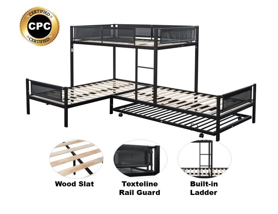 LostCat L-Shape Triple Bunk Bed with Trundle, Twin Over Twin for 4 Kids, Heavy Duty Metal Frame with Safety Guardrail for School, Dormitory, Bedroom, Black