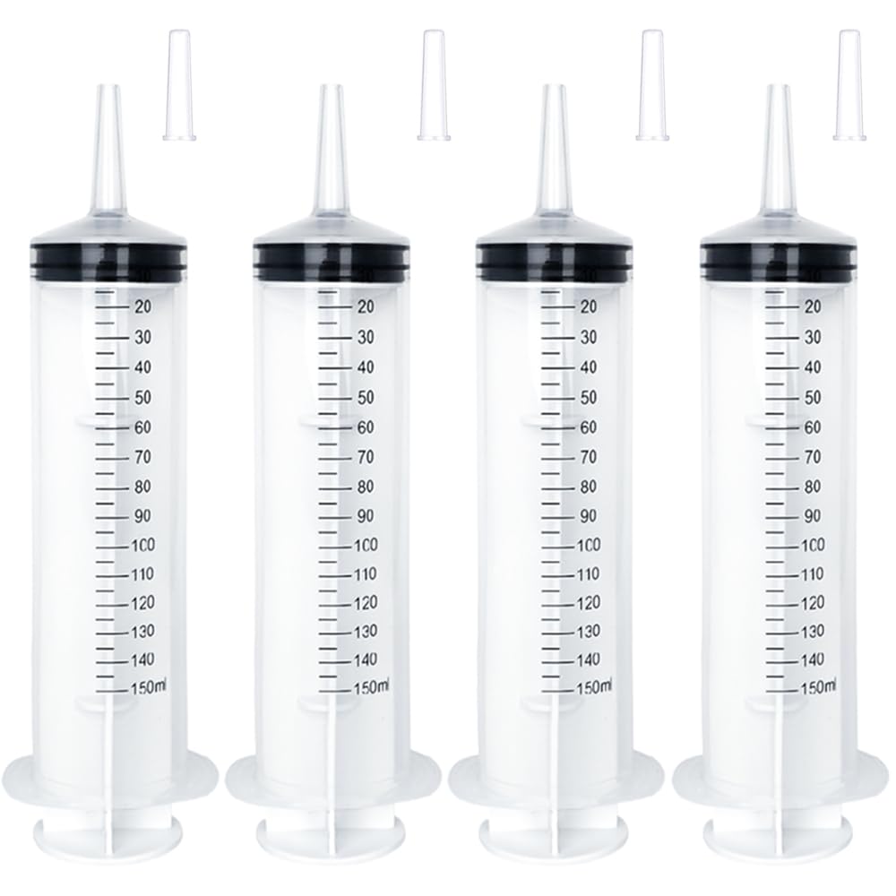 4 Pack 150ml/cc Large Syringe with Cap, Individually Sterile Sealed Plastic Liquid Syringes with Measurement for Scientific Labs, Measuring Liquids, Feed Pets, Oil or Glue Applicator