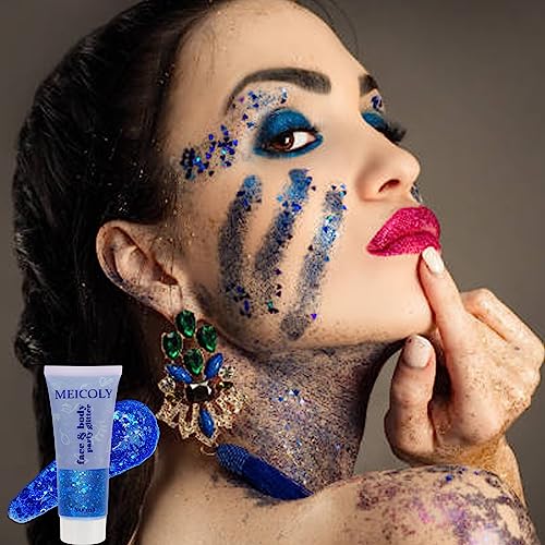 MEICOLY Light Blue Body Glitter,Mermaid Princess Face Glitter Gel,Ice Blue Glitter Face Paint for Halloween,Frozen Birthday Party Decorations,Chunky Glitter for Eye Lip Hair,Festival Rave Glitter Gel