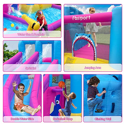 Inflatable Bounce House Water Slide Park, Double Slide Bouncer Castle with Climbing Wall, Bouncy Castle with 550W Air Blower for Indoor Outdoor Play Backyard