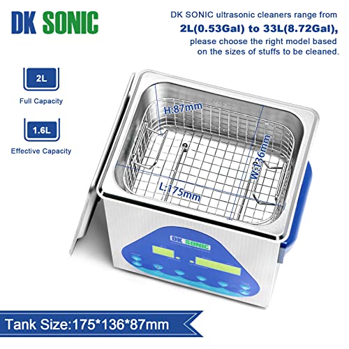 DK SONIC Ultrasonic Cleaner with Digital Timer and Basket for Coins, Small Metal Parts, Record, Circuit Board, Lab Tools (2L, 110V)