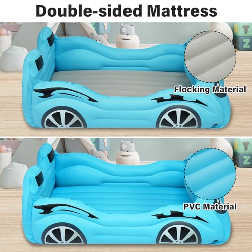 ROMPICO Inflatable Toddler Travel Bed with Safety Bumper,Portable Racecar Toddler Bed Air Mattress with 4 Sides for Kids, Ideal for Vacation,Camping and Sleepover,Electric Pump Included(Regular, Blue)