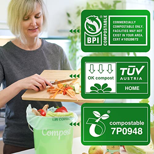 Lucky Family Green Compost Bags for Kitchen Countertop Bin -1.3 gallon trash bags to 1.6 Gallon trash bags - 100% Compostable Trash Bags for Food Waste, Organic Biodegradable Trash Bags - 50 Bags Roll