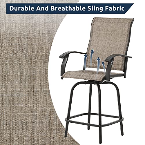 UDPATIO Outdoor Swivel Bar Stools Set of 2,Outdoor High Bistro Stools with Waterproof Textile Fabric,Armrest,Footrest,All Weather Bar Height Patio Chairs for Poolside, Garden, Backyard,Brown