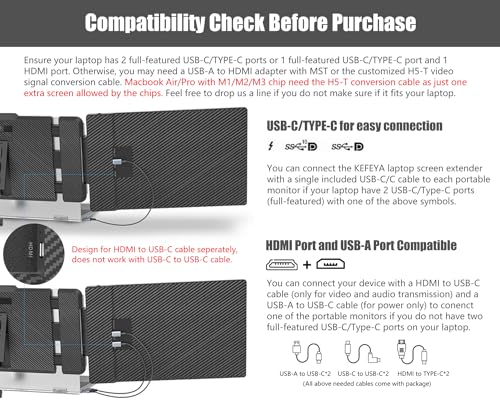 KEFEYA Laptop Screen Extender, 14" Portable Monitor for Laptop, 1080P FHD Triple Screen Laptop Monitor Extender for 13"-17.3" Laptop, HDMI/USB-C for MacBook, Windows, Chrome, Switch, Plug & Play