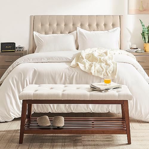 kinmars Upholstered Bench for Bedroom End of Bed,42.5-inch Entryway Bench for Living Room,Dining Bench with Padded Seat and Solid Wood Leg for Kitchen Bedroom,Indoor and Hallway (Shoe Bench, Beige)