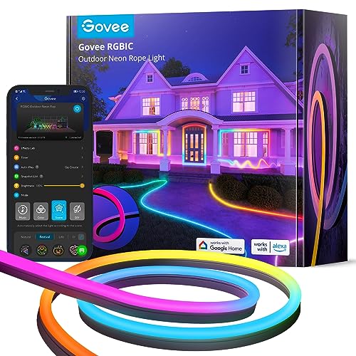 Govee Outdoor Neon Rope Lights, 32.8ft RGBIC IP67 Waterproof Halloween Decorations with 64 Scene Modes, Music Sync, Flexible LED Outdoor Lights, Halloween Lights Work with Alexa, Google Assistant