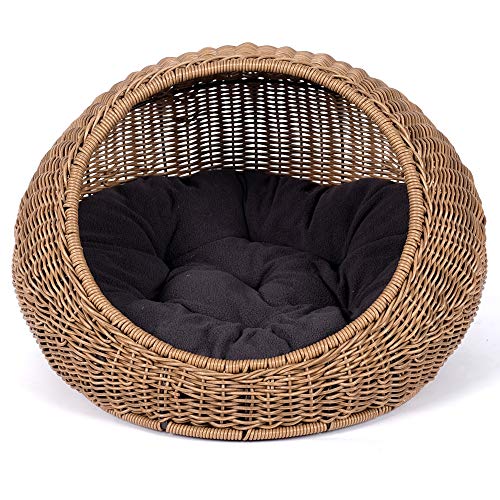 D+GARDEN Wicker Cat Bed Dome for Medium Indoor Cats - a Covered Cat Hideaway Hut of Faux Rattan Houses Pets in Dome Basket, Washable