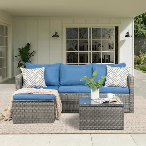 JAMFLY Patio Furniture Set 3 Piece Outdoor Sectional Patio Sofa, All-Weather Wicker Rattan Outdoor Furniture Set with Glass Table and Cushions,Grey