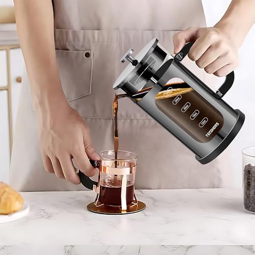 TECOHORS French Press Coffee Maker 34oz / 1 Quart 304 Stainless Steel Coffee Press,with 4 Filters System, Heat Resistant Thickness Borosilicate Glass, Brewed Coffee Pot (Bright Black)