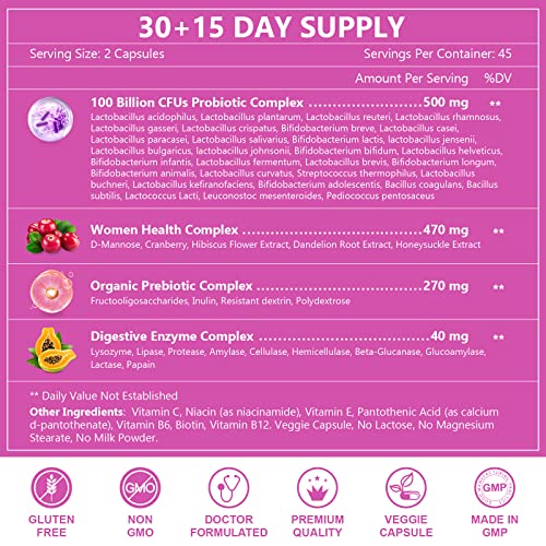 Probiotics for Women Digestive Health, 100 Billion CFUs Probiotic with Digestive Enzymes & Prebiotics, Vaginal Probiotics with Cranberry for Urinary Tract Health & pH Balance, 90 Veggie Capsules