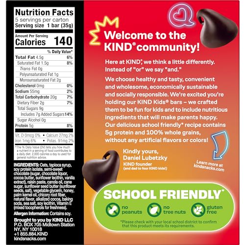 KIND Kids Chocolate Chip Bar, Tree Nut Free, Peanut Free, Gluten Free, Made With Whole Grain Oats, 6.2 oz Box (40 Bars)