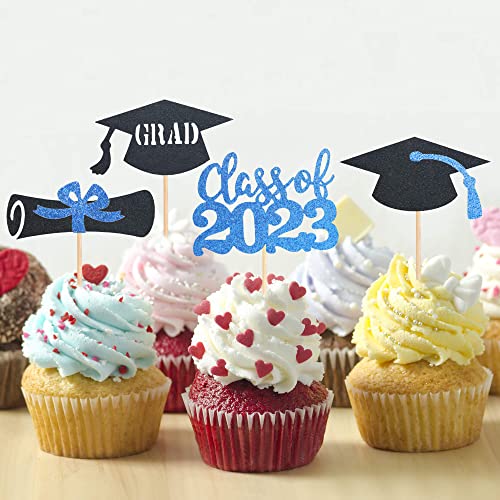 24Pcs 2023 Graduation Cupcake Toppers Gold Glitter 2023 Grad Cap Cupcake Picks Cake Decorations Graduation Theme Party Supplies