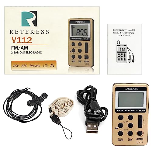 Retekess V112 AM FM Radio Portable, Mini Radio with Earphone Pocket, Digital Tuning Rechargeable Battery LCD Display for Walking Jogging(Gold)