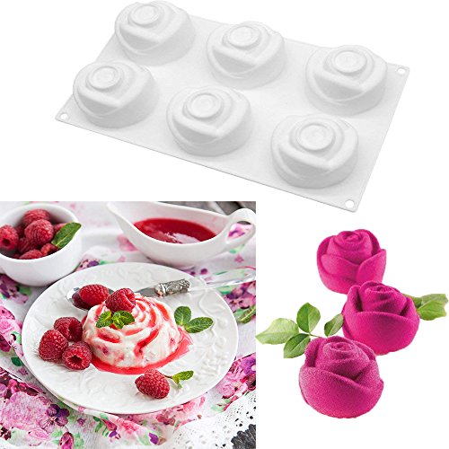 Rose Shape Mold Mousse Cake Molds 3D Rose Silicone Mold for Cake French Cupcake Dessert Homemade Soap Cupcake Pudding Jello Chocolate Fondant Baking Tools(6 Cavity )