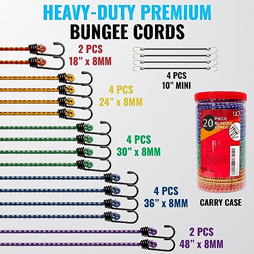 GOEASY0312 Premium Bungee Cords Heavy Duty - 17 Piece Bungee Cords with Hooks in A Storage Jar Includes 10", 18", 24", 30", 36", 48" Bungie Cord & Cargo Net Bundle