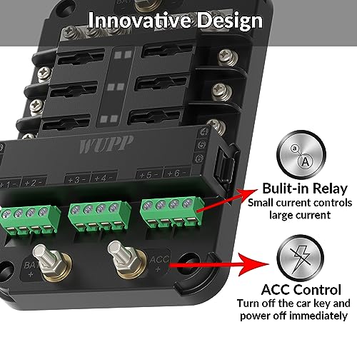 WUPP 12V Fuse Block with Relay, Automotive 6 Circuits Fuse and Relay Box With ACC Interface, Universal Fuse Block and Relay Kit for Cars Trucks Marine Boat