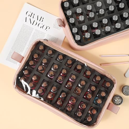 HOMEST Double Layer Nail Polish Organizer Hold 80 Bottles (15ml/0.5 fl. oz) and a Nail Lamp, Nail Polish Case with 2 Removable Pouches, Storage Bag for Manicure Tools, Pink (Bag Only)
