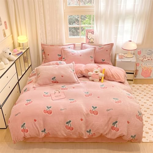 LMONMOO Pink Duvet Cover Twin, Ultra Soft Fluffy Comforter Cover Set, Cute Kawaii Bedding Sets for Girl Kids, All Season(Cherry, Twin)