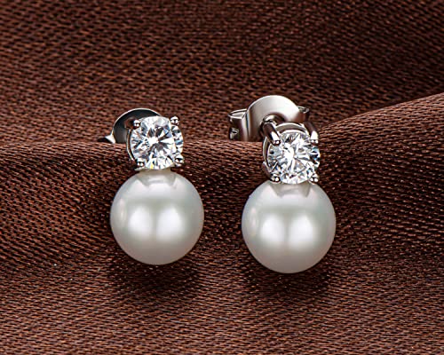 DENGGUANG Pearl Stud Earrings June Birthstone Freshwater Cultured 6.5mm Small White Pearl Drop Silver Earrings with Cubic Zirconia Jewelry Gifts for Women