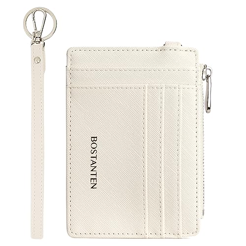 BOSTANTEN Small Wallet For Women RFID Leather Credit Card Holder Slim Wristlet Keychain Wallet With Zipper Pocket White Cow Print