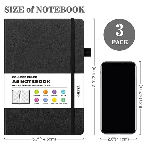 OMEYA Lined Journal Notebook, 3 Pack A5 College Ruled Notebooks for Work, Hardcover Notebook Each with 2 Pockets & Pen, Leather Journal for Women, Men, 160 Pages, 100GSM Thick Paper (Black)