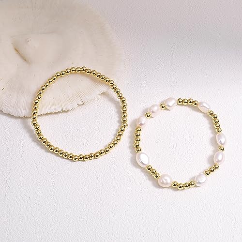 Gold Pearl Beaded Bracelets for Women Baroque Pearl Stackable14K Gold Plated Stretch Bead Ball Bracelet Jewelry Gifts (2PCS)