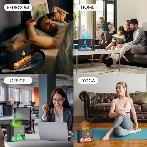 Yaledi Fireplace Flame Diffuser, Aromatherapy Essential Oil 250ml Himalayan Salt Lamp Cool Mist Ultrasonic Humidifier for Bedroom,Office,Home, Auto Shut-Off, Night Light (Black), (M23)
